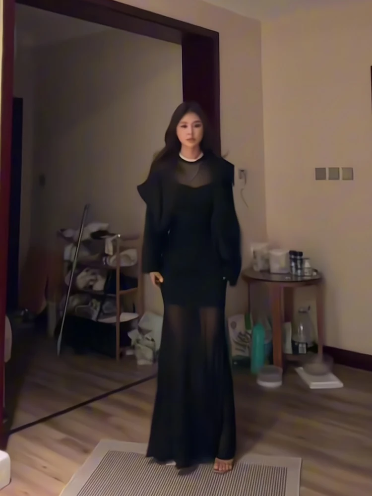 Vestidos de manga comprida vestido feminino hoco outono malhas marrom torcido em camadas gola com painéis linha a academia faculdade clássico