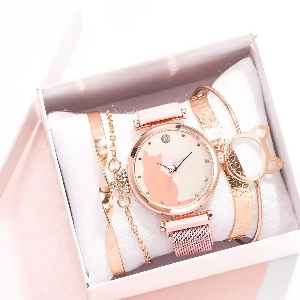 Direct Delivery 5 Pieces/Set Women Watches Rose Gold Bracelet Set Cat Pattern Magnet Black Watch Ladies Watches Quartz Clock