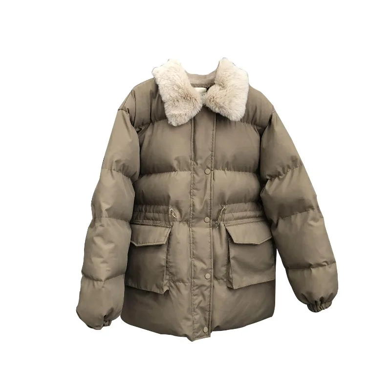Abrigo de algodón de longitud corta para mujer, Parkas con cintura, prendas de vestir con solapa de pelo de conejo, abrigo de Cuello de piel,