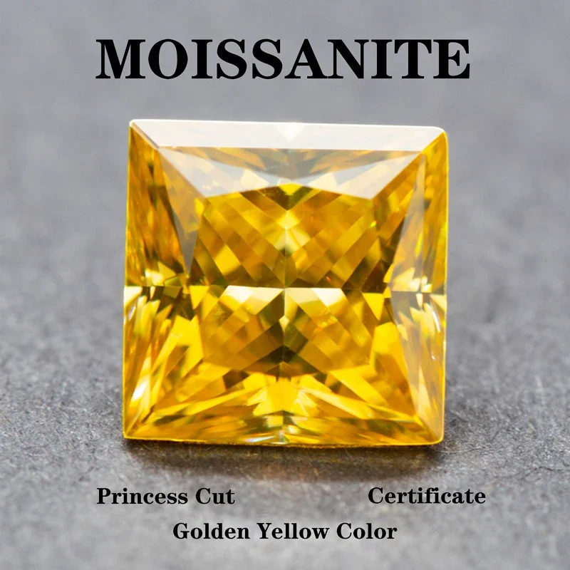 

Moissanite Stone Princess Cut Golden Yellow Color Charms Gemstone Advanced Jewelry Rings Earrings Making with Certificate