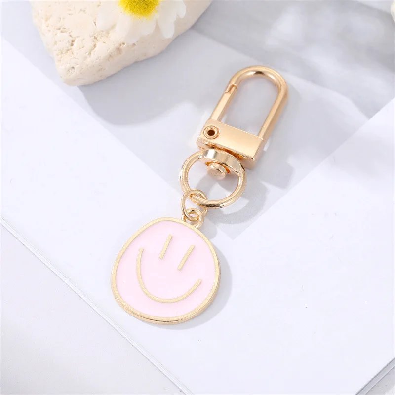 Cute Smile Face Keychain Yellow Pink Blue Black Enamel Metal Key Ring Bag Accessories For Women