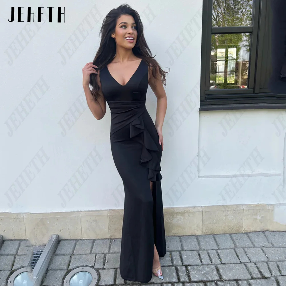 JEHETH Elegant Evening Dresses for Woman SleevelesЭлегантные вечерние платья JEHETH для женщин, без рукавов, с двойным V-образным вырезом, разрезами по бокам, атласное выпускное платье فالراالراالراالراالراالراالراالرا