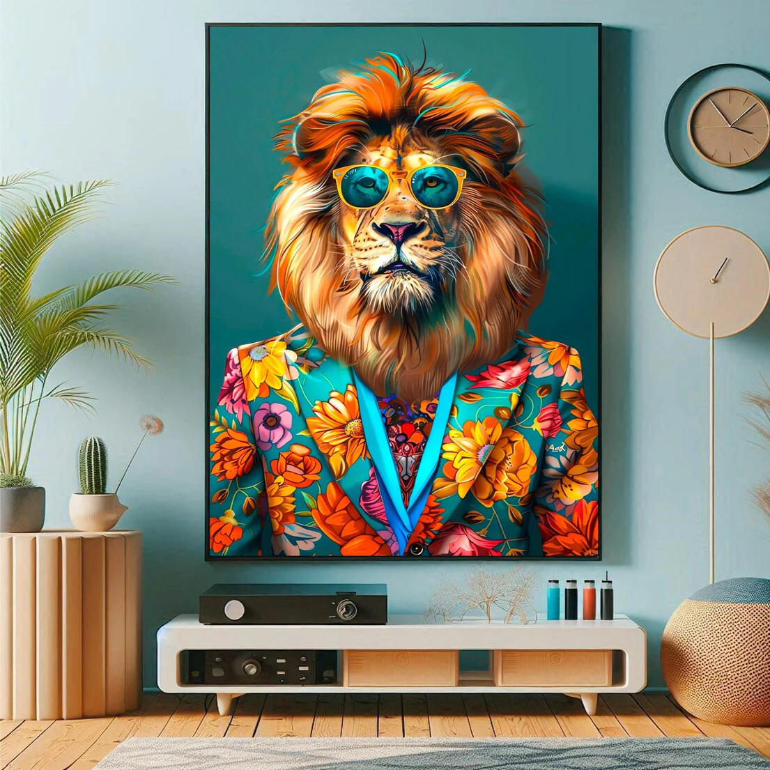 Lion in Suit Print, Trendy Wall Art, Funny Animal Giraffe Poster, Dopamine Aesthetic, Maximalist Decor, Lion Portrait Painting
