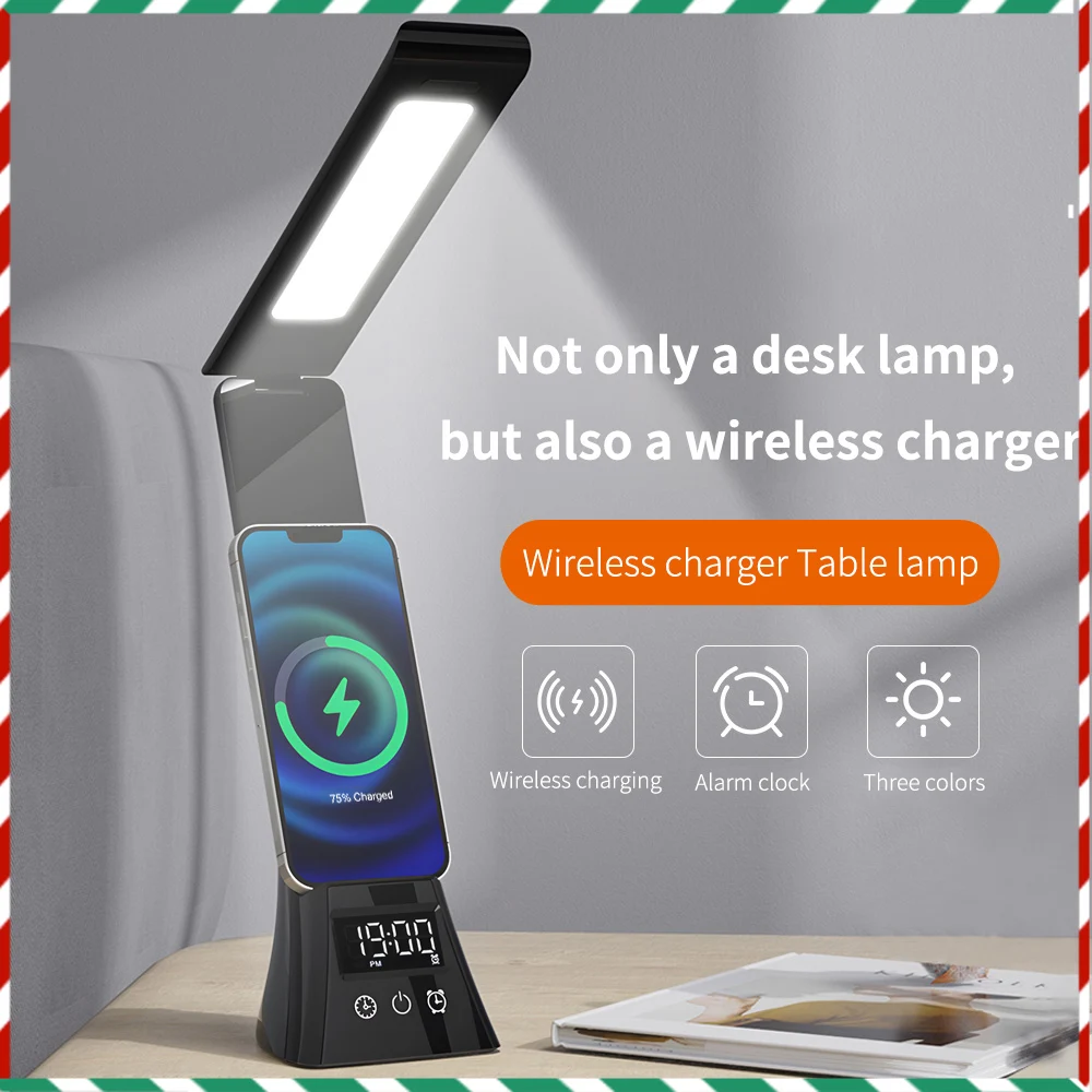 

15W Wireless Charger Stand LED Desk Table Lamp With Alarm Clock 3 Colors Dimmable Desk Light Fast Charging Station for iPhone