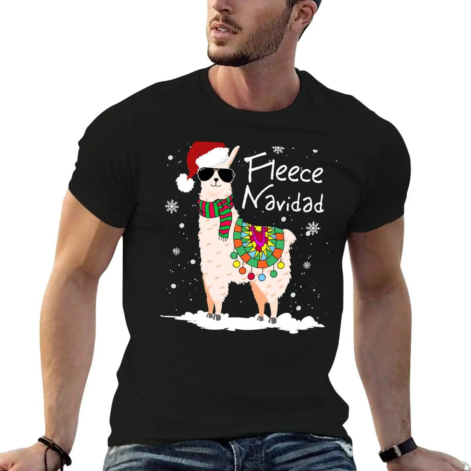 Fleece Feliz Navidad Llama Christmas Cute Xmas Gift T-Shirt Trendy Print Short Sleeve T-Shirt