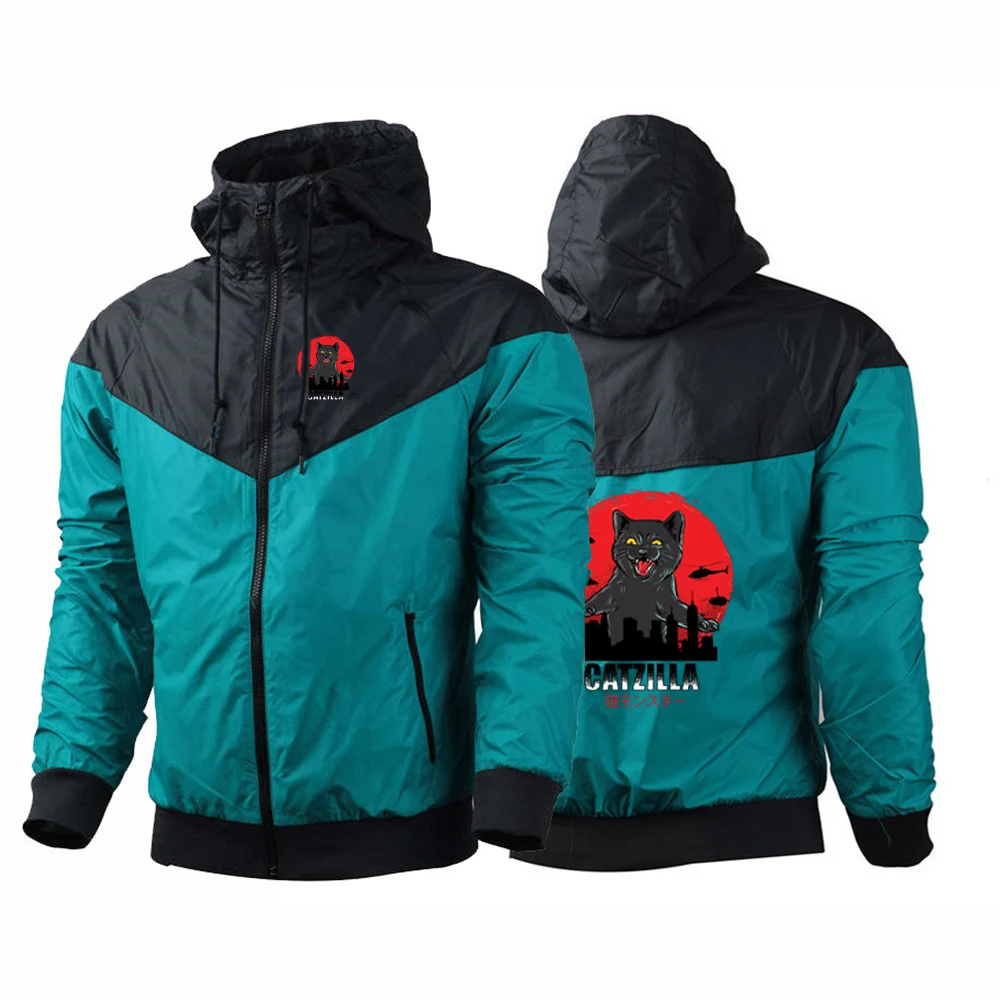 

Забавная японская кошка с графическим принтом, новая мужская пятицветная ветровка Cat Lover Catzilla, весенне-осенняя куртка на молнии в стиле Харадзюку