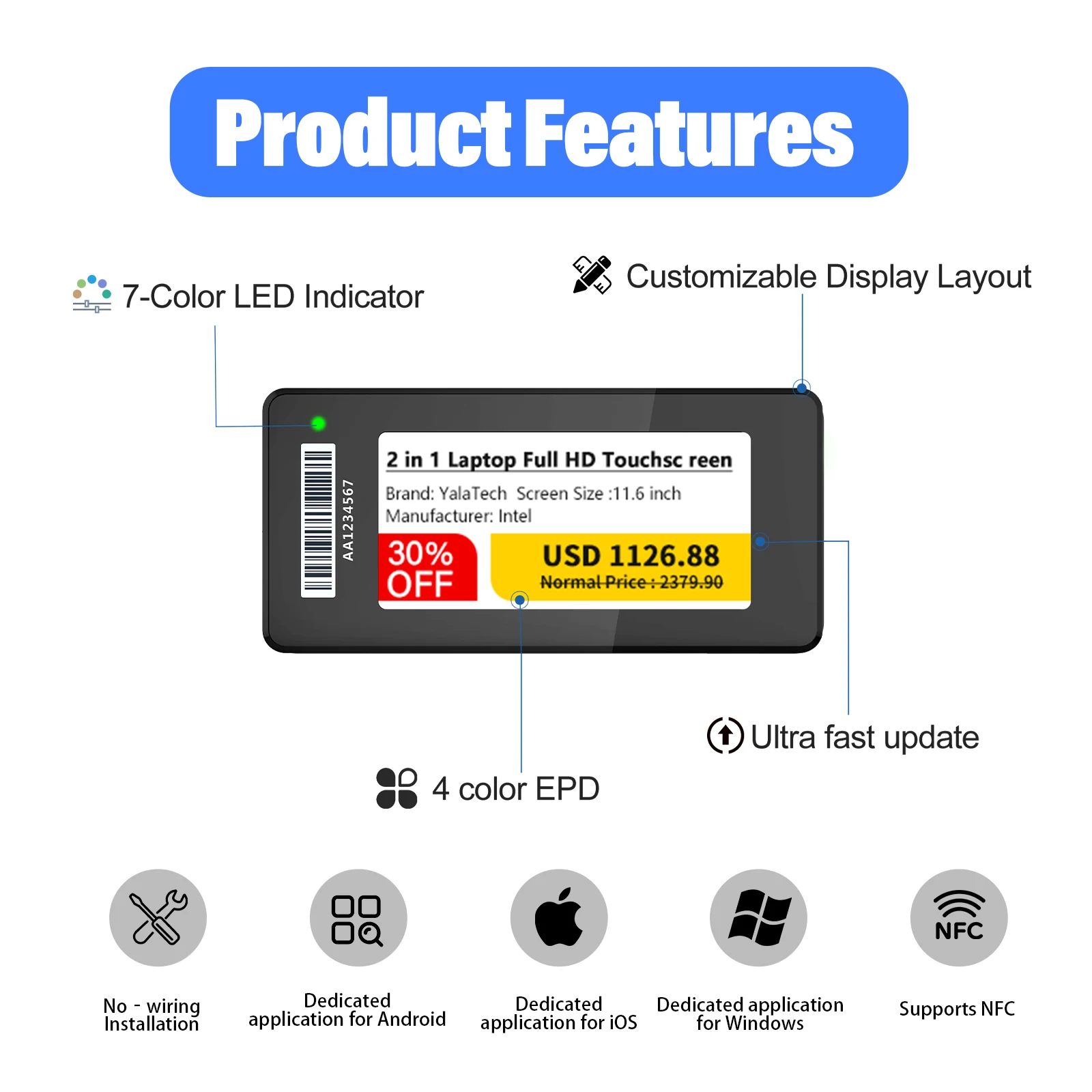 3pcs E-Ink Electronic Shelf Tag Power-off Image Retention  2.13 inch Digital Label for Warehouse Shelf Product Price Tag