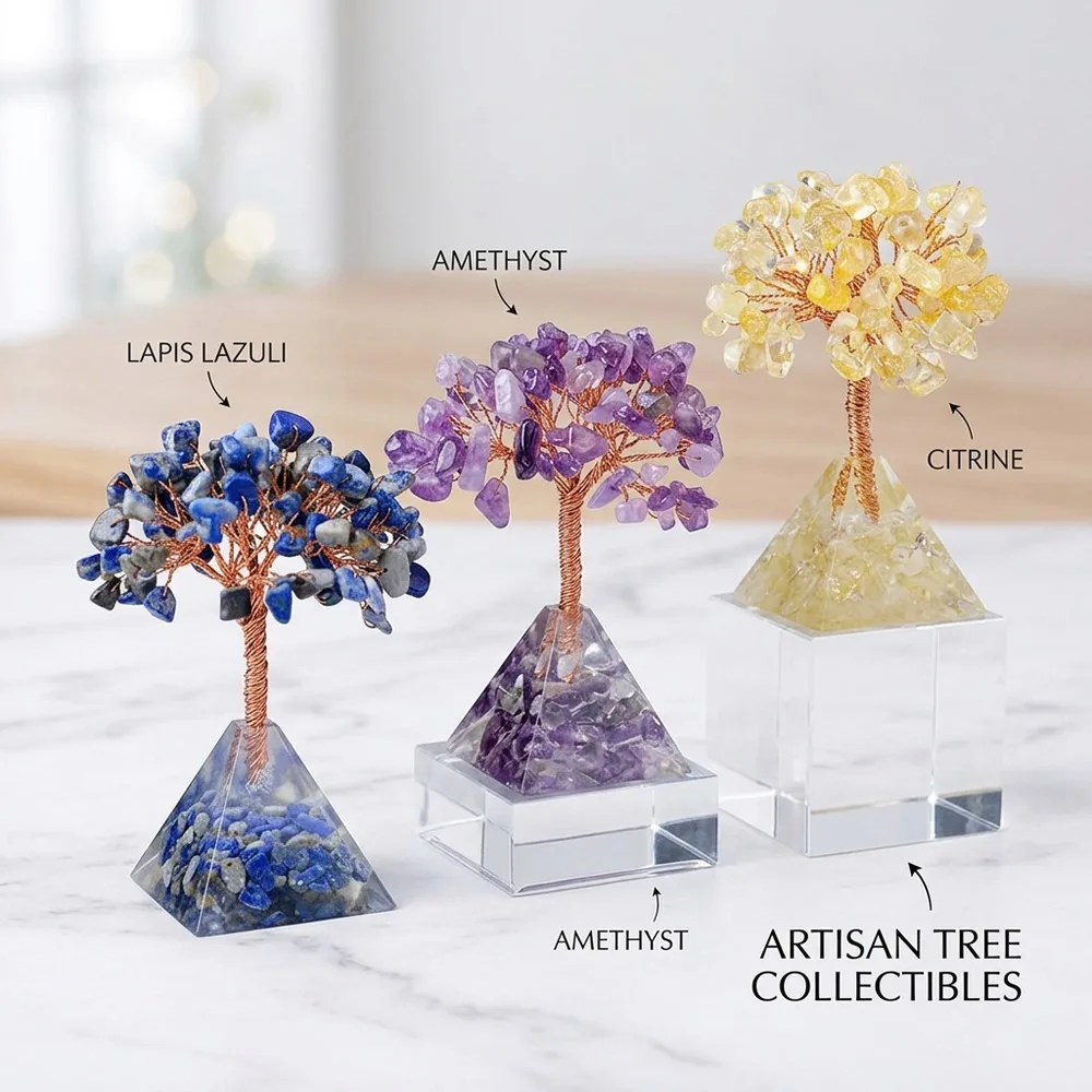 Natural Crystal Crushed Stone Tree with Resin Pyramid Base, Feng Shui Wealth Ornament for Home Office Desk Decoration