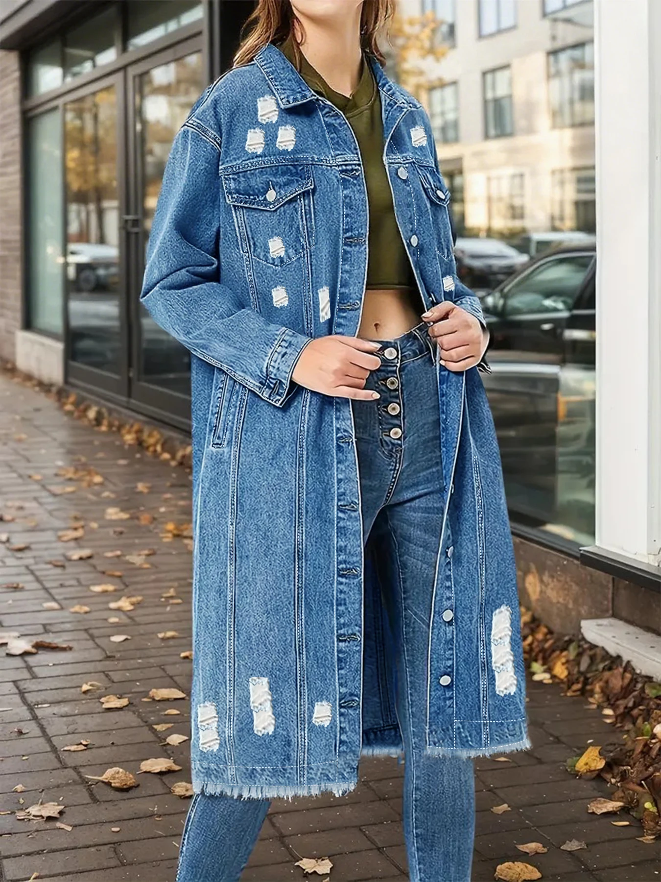 

Женская длинная джинсовая куртка больших размеров, модный рваный дизайн, удобная потертая джинсовая куртка для женщин больших размеров