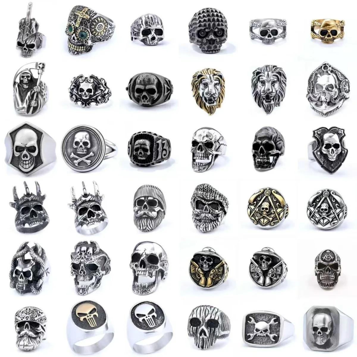 Vintage Hip Hop Heavy Metal Skull Rings for Men Silver Color Stainless Steel Punk Jewelry Death God Pirate Skeleton Accessories