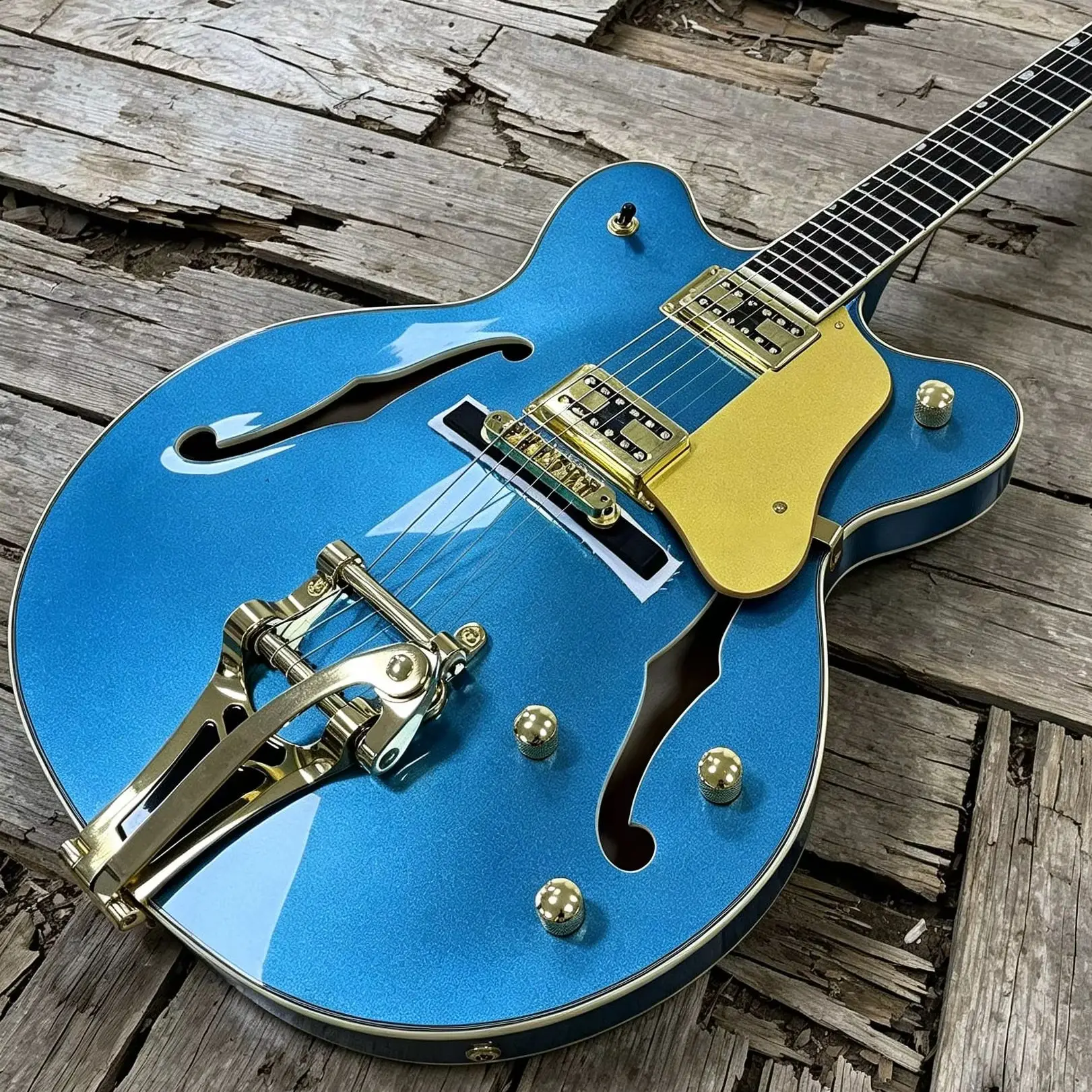

Электрогитара Custom Hollow Body Blue Jazz с золотой фурнитурой, тематический подарок, бесплатная доставка