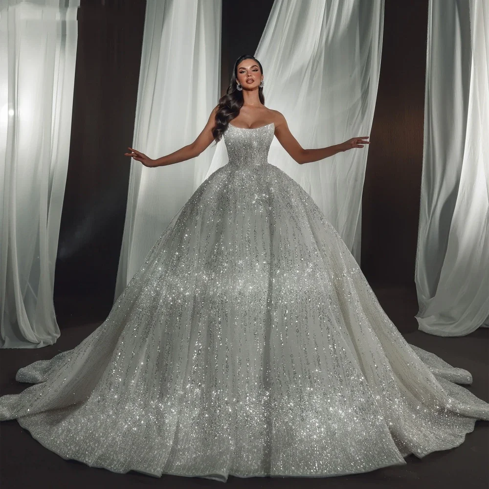 

Customized Sexy Strapless Sleeveless Bridal Dress Shiny Sequins Pearls Wedding Gown Luxury Ball Gown Bride Robe Vestido De Novia