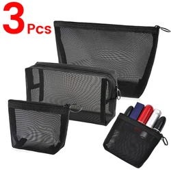 3Pcs Black Mesh Toiletry Bags Travel Makeup Bag Small Large Case Organizer Cosmetic Cases Toiletries Storage Handbag Pouch