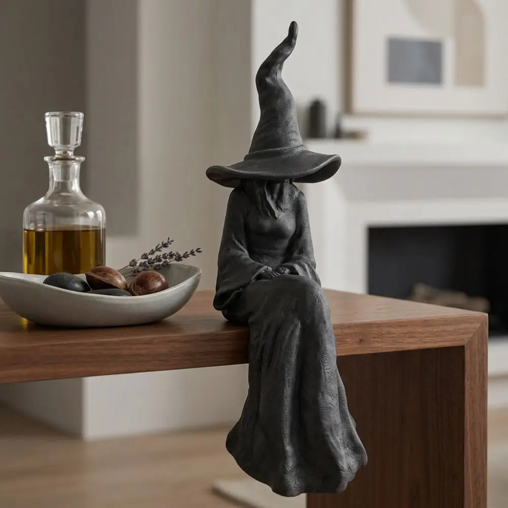 3D Printed Halloween Sitting Witch Figurine Gothic Plastic Mystery Witch Ornament Break-Resistant Dark Style