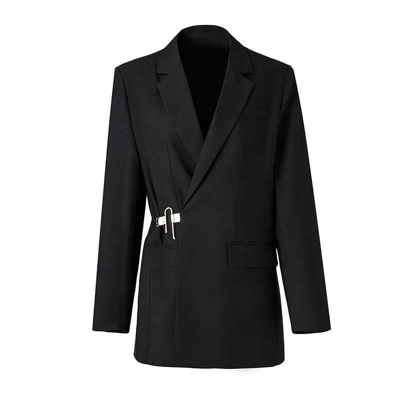 

Black Solid Long Sleeve Coat Office Lady's Turn-Down Collar Suit Coat