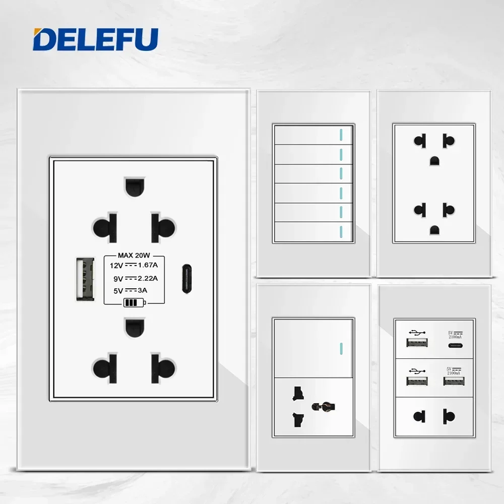 Delefu US/Tania/UE standardowe gniazdo ścienne 118x74mm, biały panel ze szkła hartowanego gniazdo ładowania USB C, 15A włącznik światła ściennego, 5