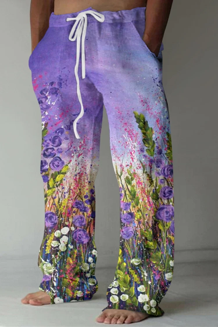 Summer Hawaiian Style Linen Pants Fashion 3D Printed Note Wide Leg Pants Holiday Casual Loose Pants Men's Loose Beach Pants