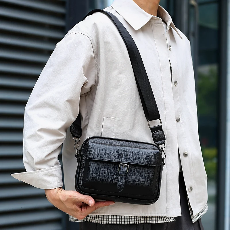 New trendy diamond patterned men's leather shoulder bag, high-quality business crossbody bag, messenger bag small square bag