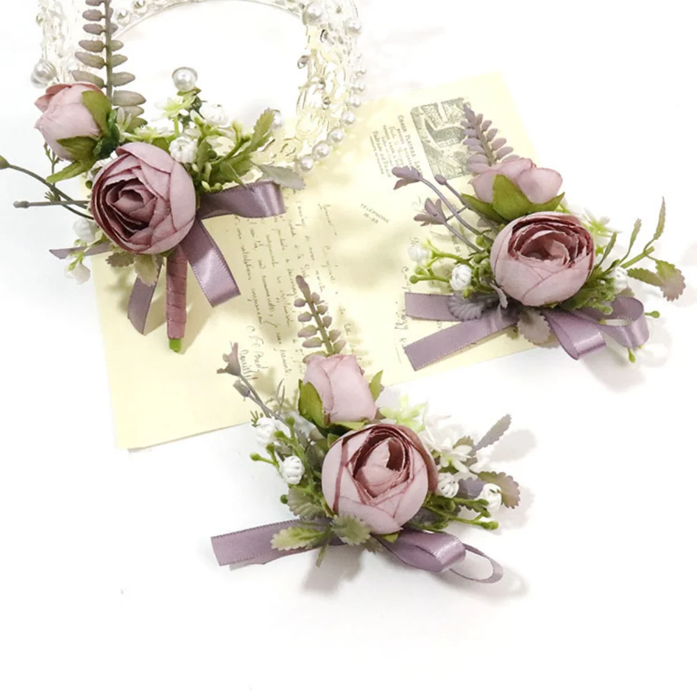 Kleurrijke Bloemen Bruiloft Boutonniere Voor Mannen Zijden Roos Pinnen Bruidsarmband Bruidegom Pols Corsage Bloem Meisje Bruiloft Accessoires