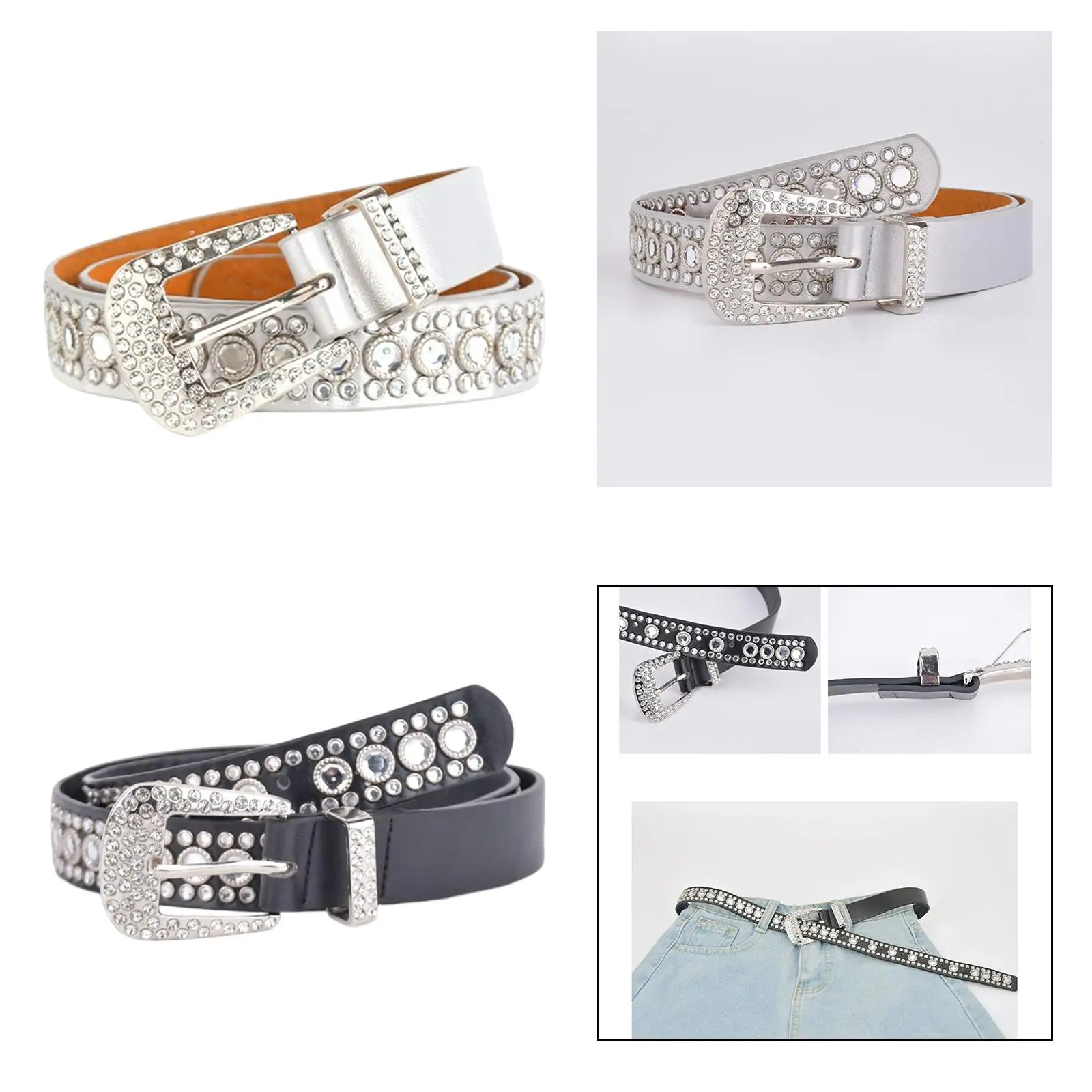 Rhinestones Belt Metal Buckle Crystal Studded Belt Fashion Wide Waist Belt Waist