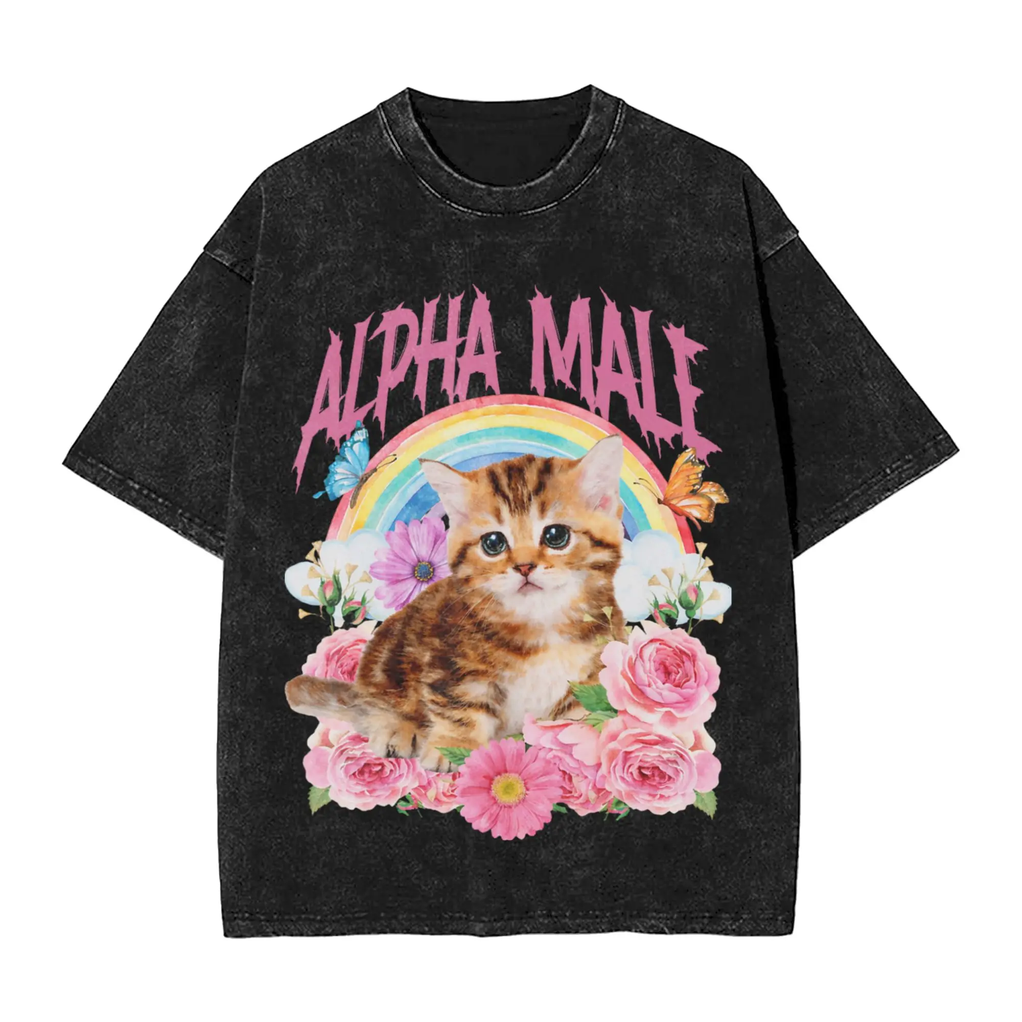 Alpha Male Funny Cat Kitten Rainbow Floral T Shirt Men's  100% Cotton Leisure T-Shirt Crewneck  Tees Short Sleeve Tops Adult