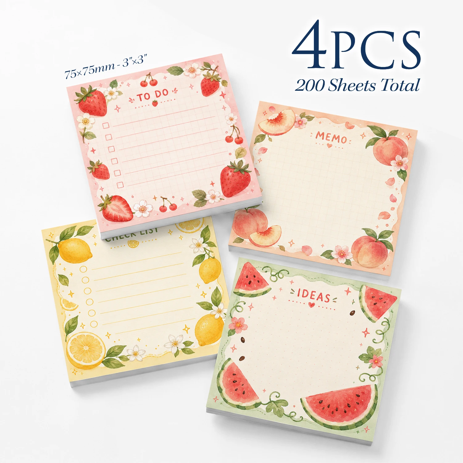 4pcs Fruit Watercolor Sticky Notes Set, Strawberry Peach Lemon Watermelon Self Stick Memo Pads, 200 Sheets Total, Cute Floral