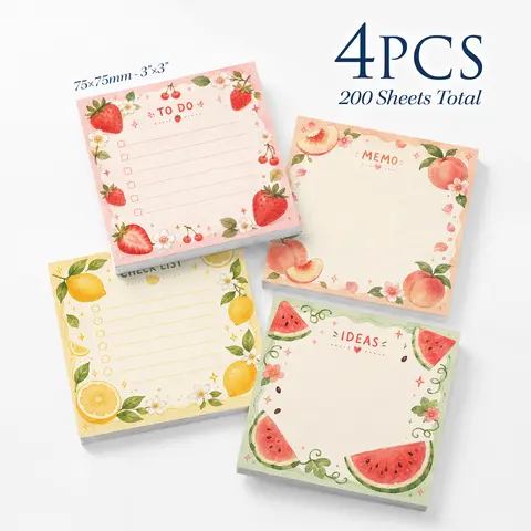 4pcs Fruit Watercolor Sticky Notes Set, Strawberry Peach Lemon Watermelon Self Stick Memo Pads, 200 Sheets Total, Cute Floral