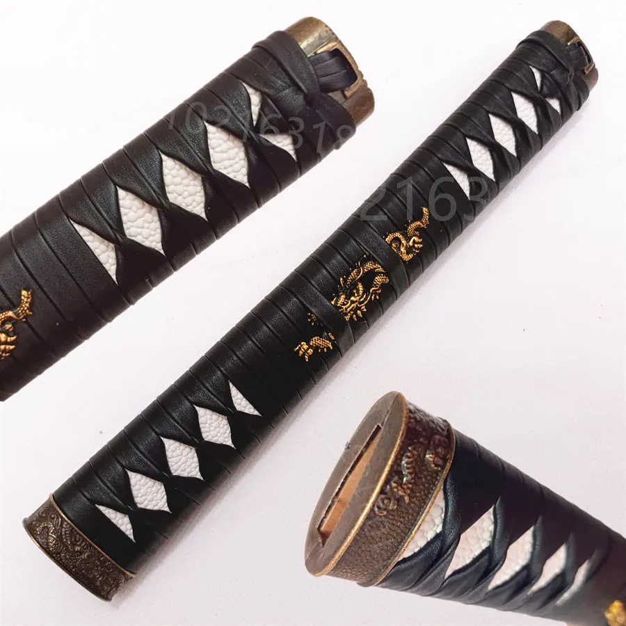 Very Good Tsuka Handle Alloy Fuchi Kashira Menuki For Japanese Katana Samurai Sword Fittings Black Leather Ito New