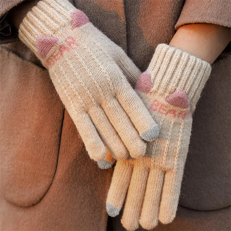 1 par Otoño Invierno espesar guantes cálidos mujeres pantalla táctil guantes tejidos adulto imitación Cachemira mujer estiramiento dedo mitten