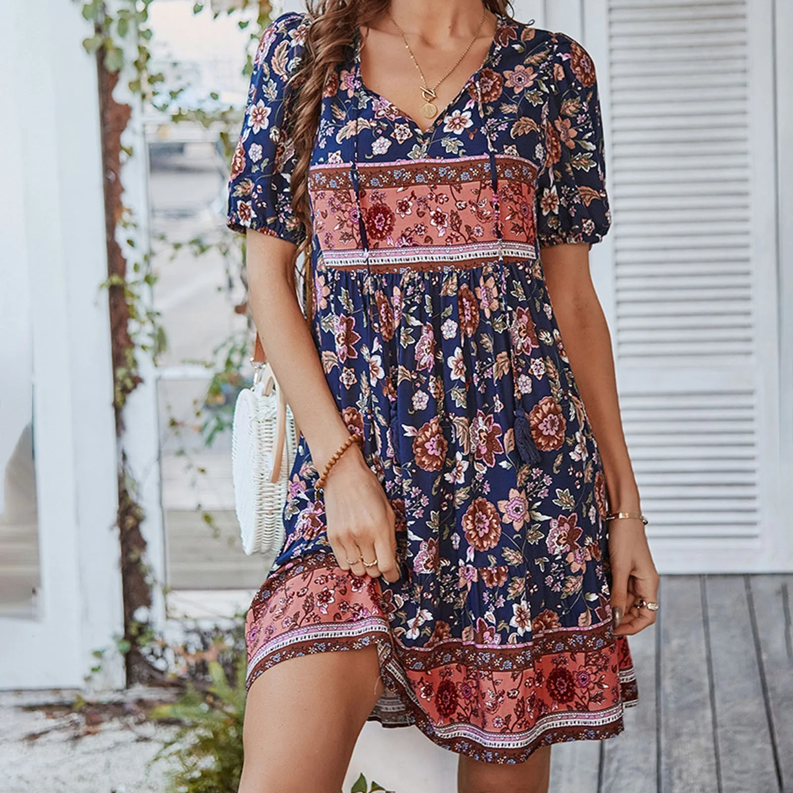 Dames Boho Korte Bloemenprint Zomerjurk Vrouwen Losse Casual Hoge Taille Ruches Mouw Mini Vrouwen Jurk Vrouwelijke Gewaad vestidos