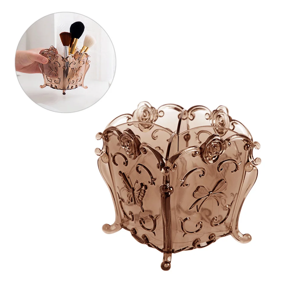 

Carved Brush Storage Box Plastic Dressing Table Storage Container for Women (Tranparent Coffee Color)