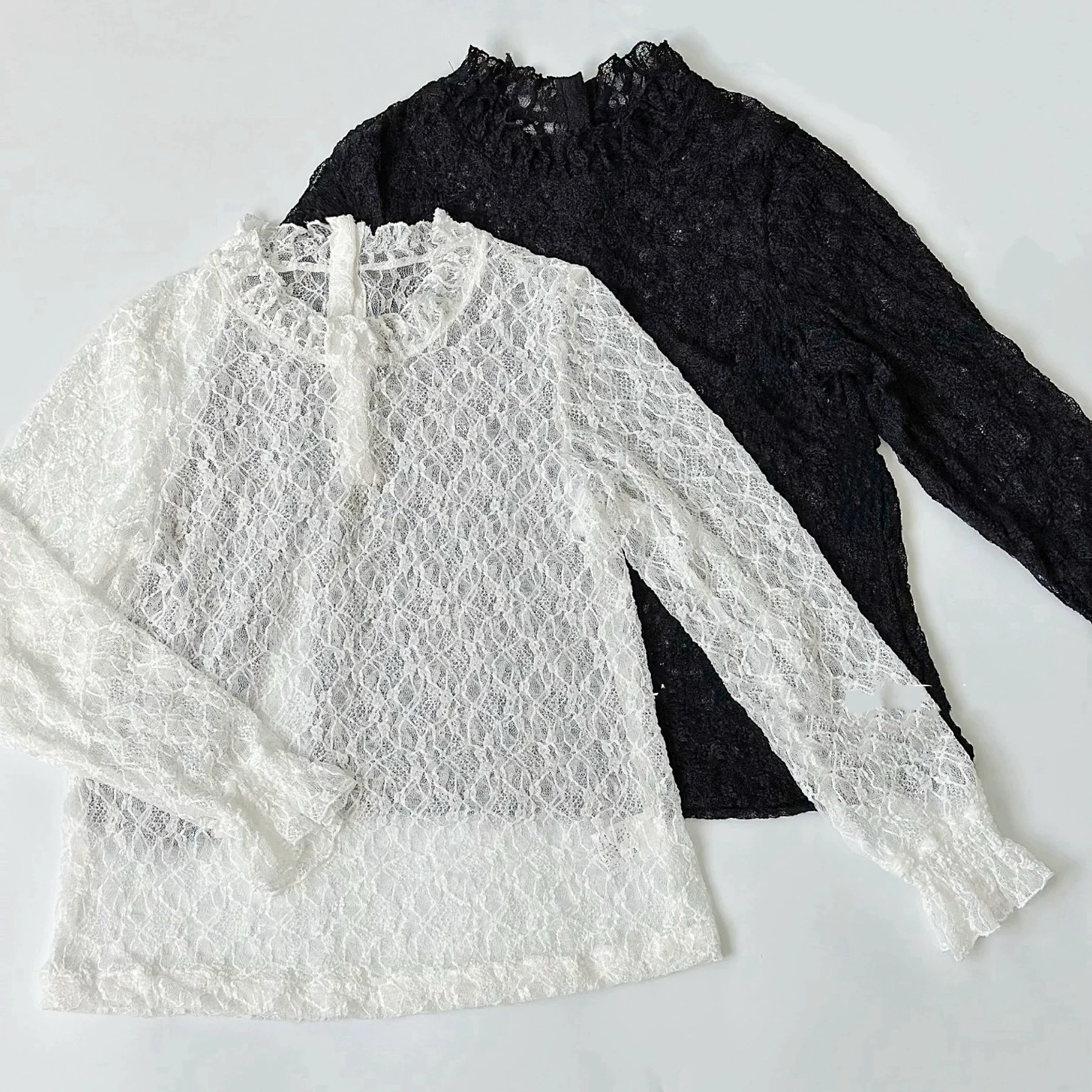 

M*NE Lemon Cheese Heavy Embroidery Lace Top Texture Pleated Slim Fit Base irt Women's Busin Casual Sle Long Sve rou...