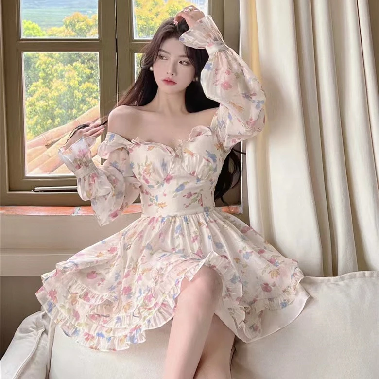 Pure Desire Sweet Floral Print Dr Damen Herbstsaison Hohe Taille Schlankmachender A-Linien-Rock Lang Sve One-Shoulder Dr