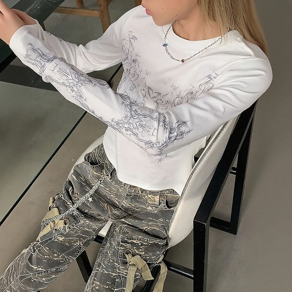 

Summer Retro Women's Long Sleeve T-Shirt Street Fashion Personalized Print Casual round Neck Pullover Top for European And