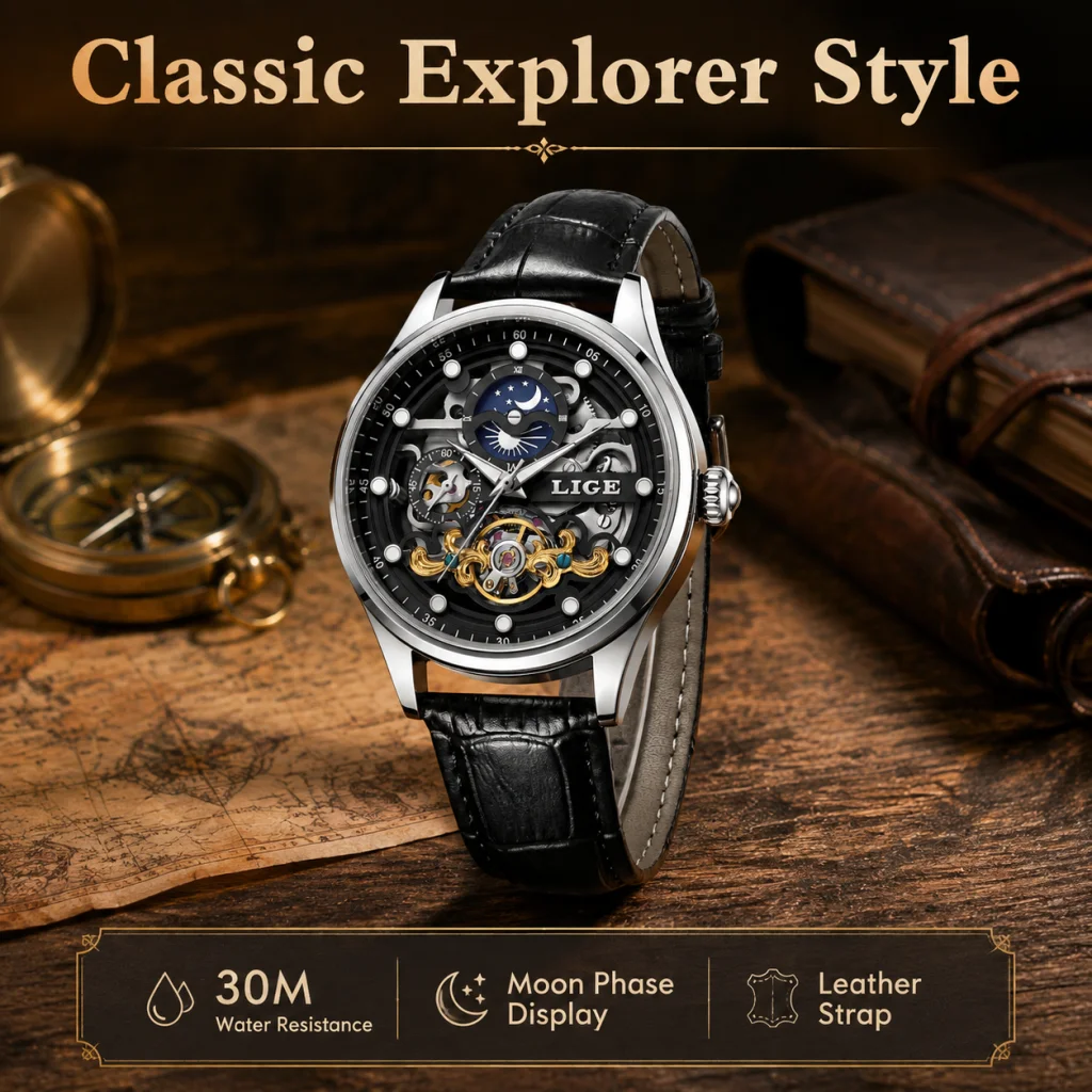 LIGE Simple Dial Mechanical Man Watch Casual Sport Leather Strap Waterproof Automatic Movement Moon Phase Hollow Watches for Men
