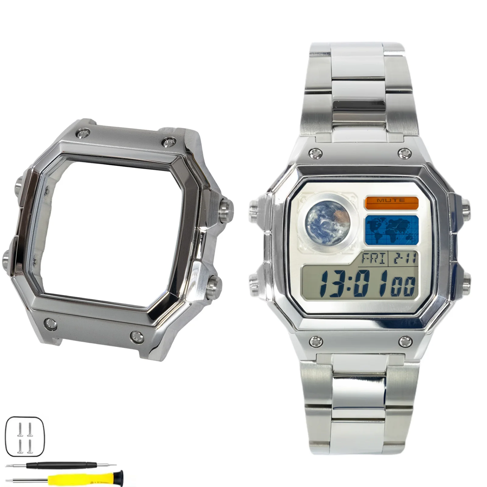 Caja de reloj Royale Mod pulida mate para Casio AE1200, caja de reloj de metal, acero inoxidable 316L, cristal mineral K1, modificaciones WR100M