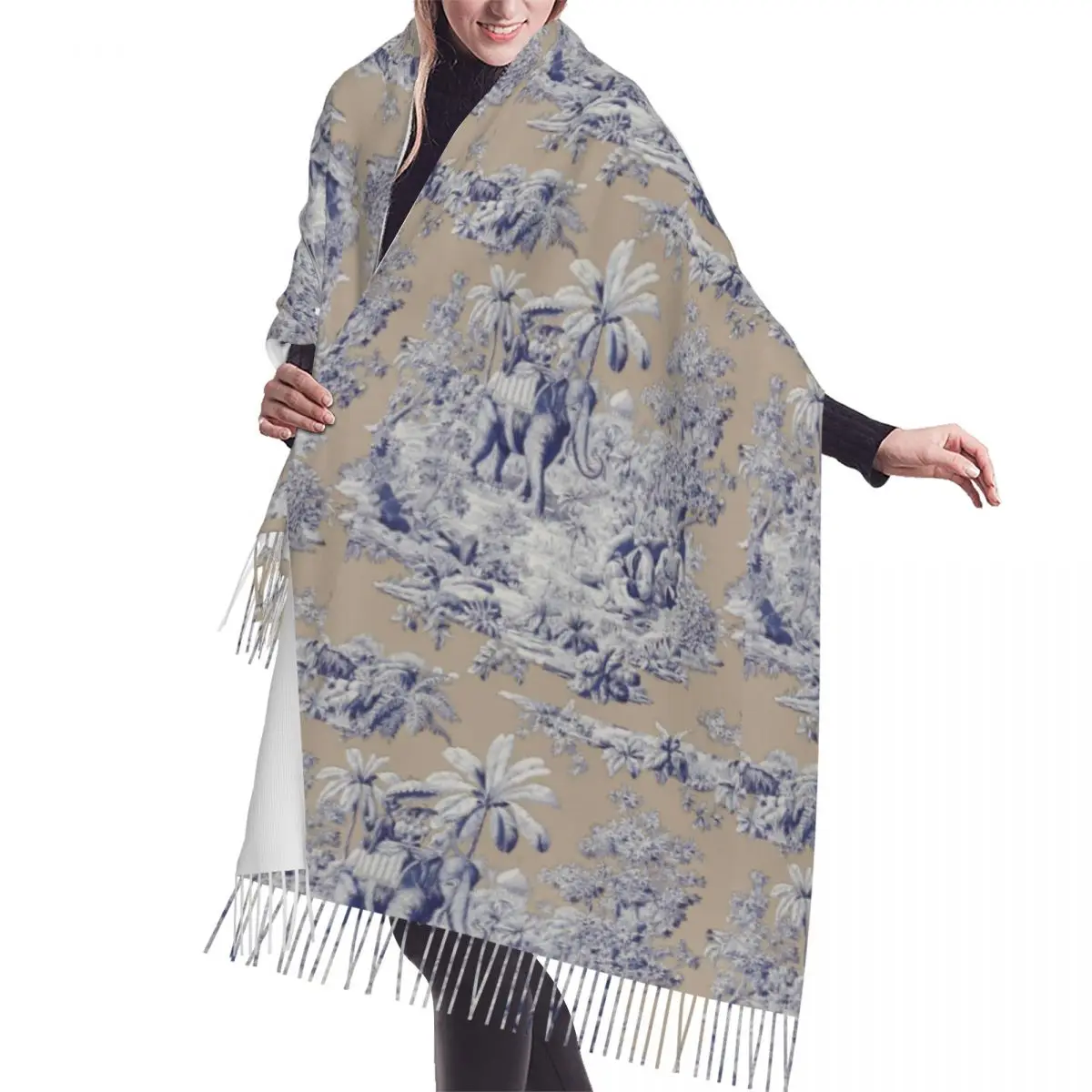 Navy Blue Toile De Jouy French Motif Pattern Tassel Scarf Women Soft Shawl Wrap Female Winter Fall Fashion Versatile Scarves