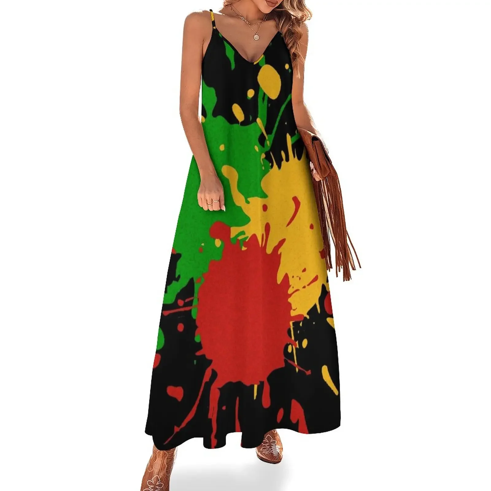 

Rastafari Colors - Splashes Green Yellow Red Sleeveless Dress party dress women elegant luxury elegant dress prom