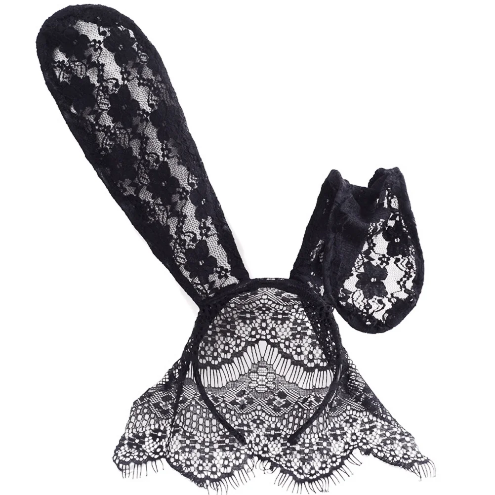 

2Pcs Bunny Rabbit Ear Lace Veil Headband Cute Cat Ear Design Party Mask Halloween Masquerade Costume Accessories Black