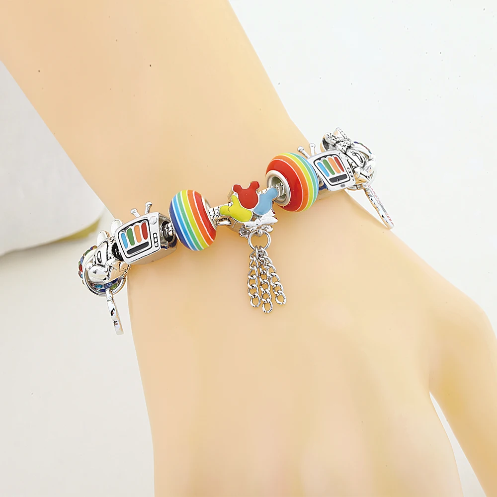 Colorful Rainbow Enamel Crystal Cartoon Animal Charm Bracelet Trendy Mickey Minnie DIY Bead Jewelry Gift for Women