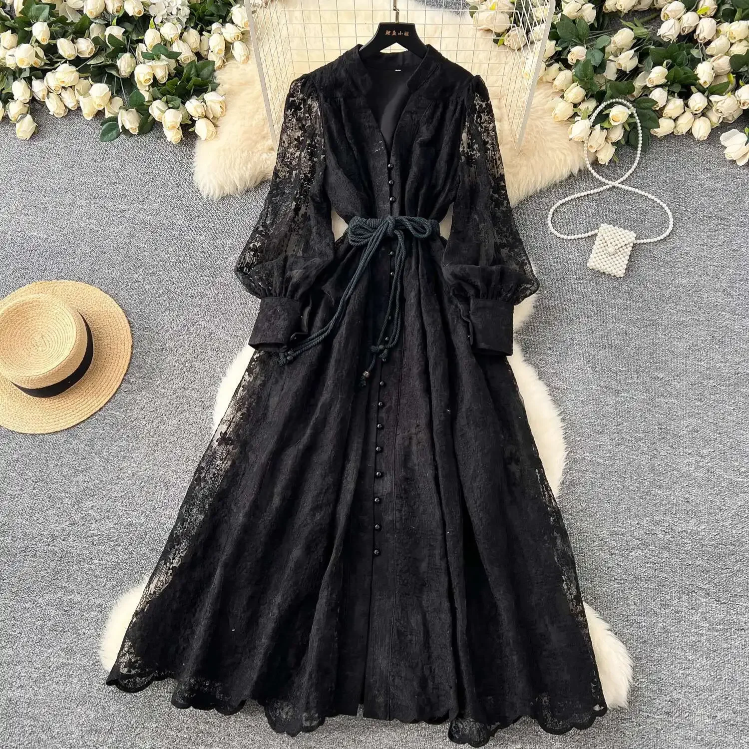 Luxe Borduren Formele Jurken Vrouwen Zomer Herfst Lantaarn Lange Mouw Kant Vestidos Parel Prom Avond Verjaardag Jurk Party