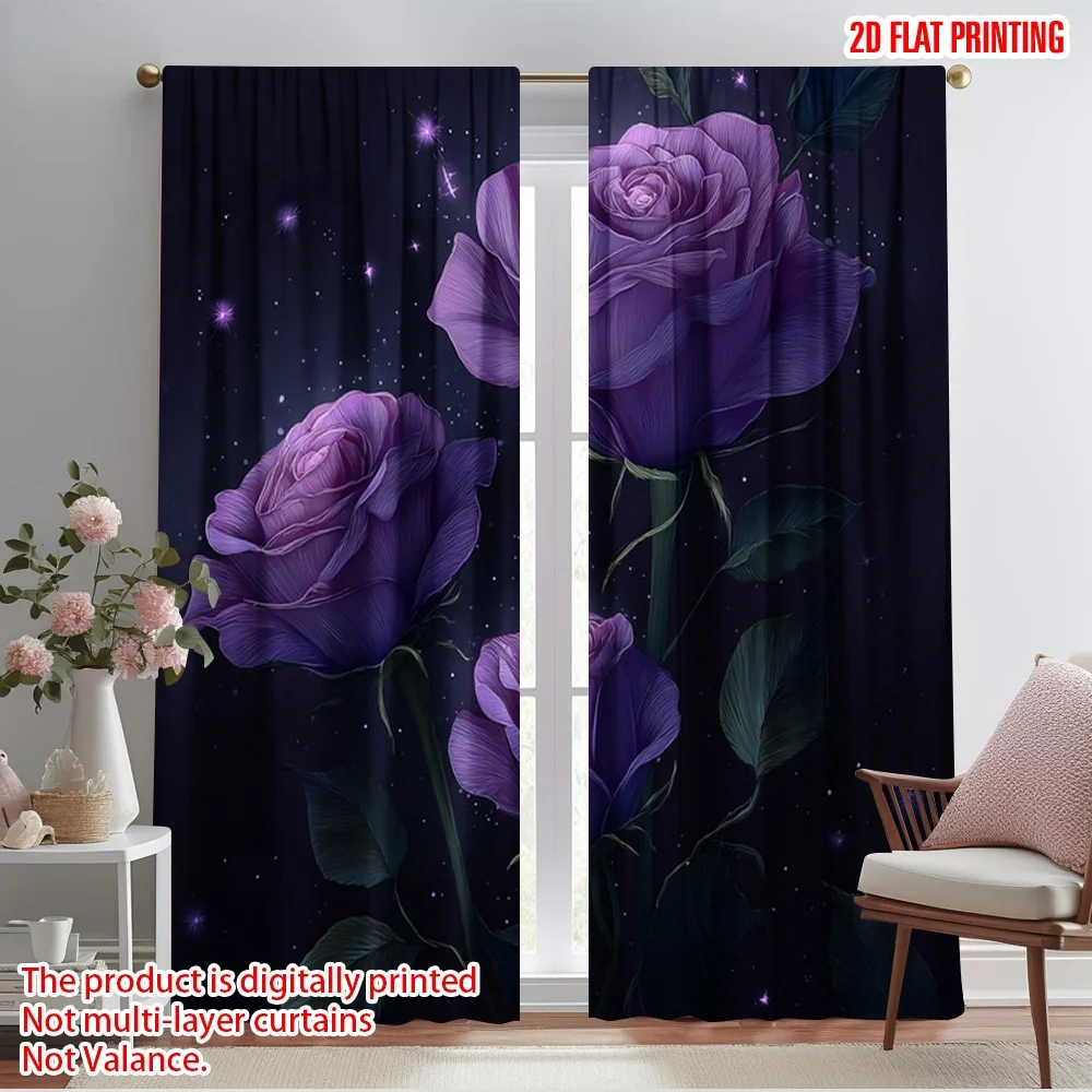 2pcs,2D plane printing Contemporary Curtains Purple Roses in Bloom Polyester Woven (without rod) Festive for Bedroom, Office,