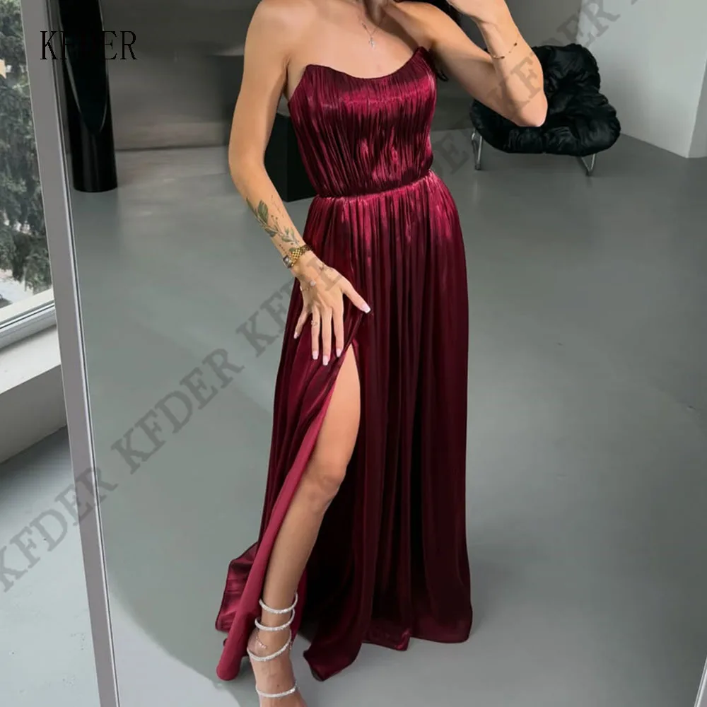 Modern Burgundy A Line Prom Gowns Side Slit Evening Dress Shiny Floor Length Satin Party Dress vestidos gala Customized