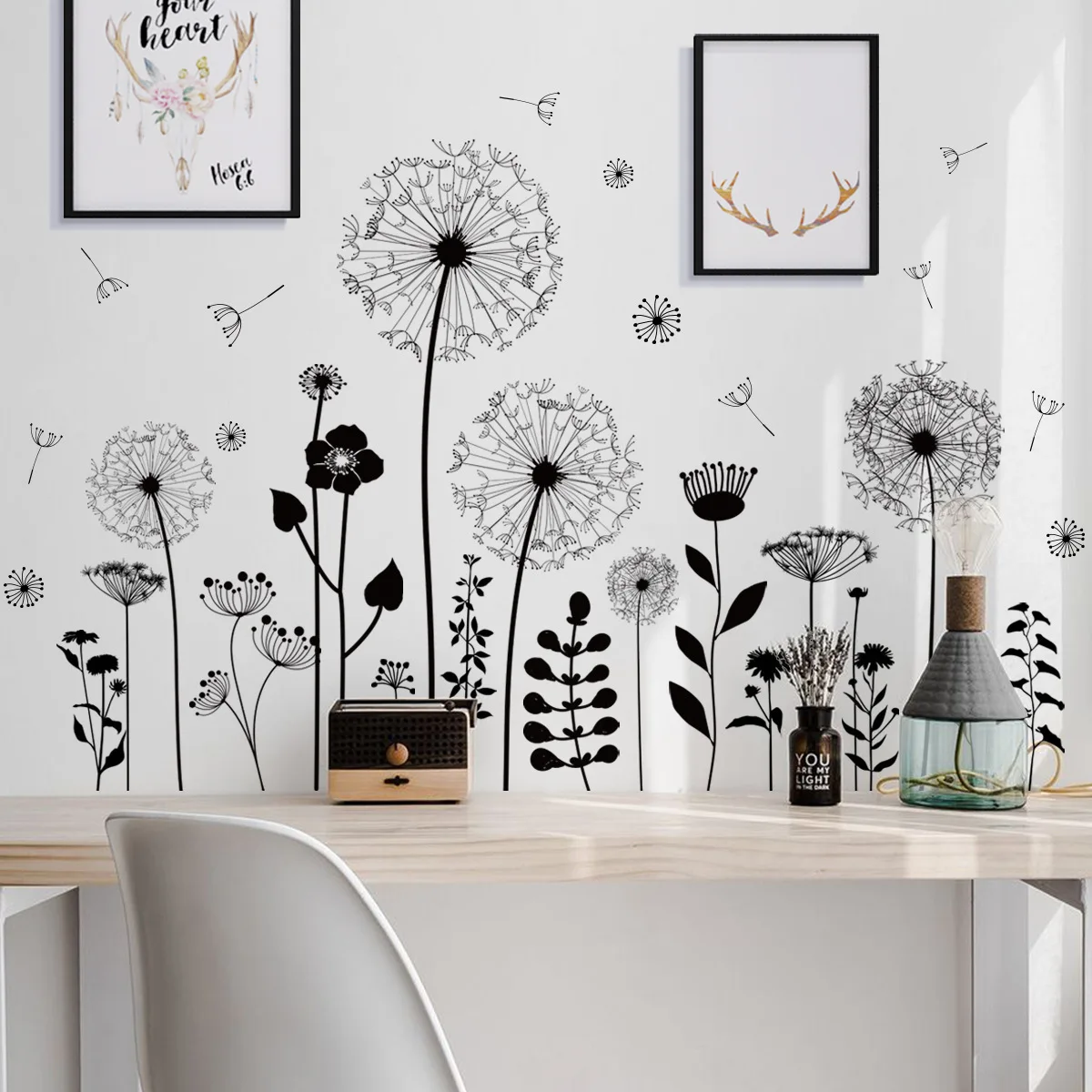 2pcs Black Dandelion Cartoon Plant Wall Sticker Background Wall Living Room Bedroom Study Dining Room Decoration Wall Sticker