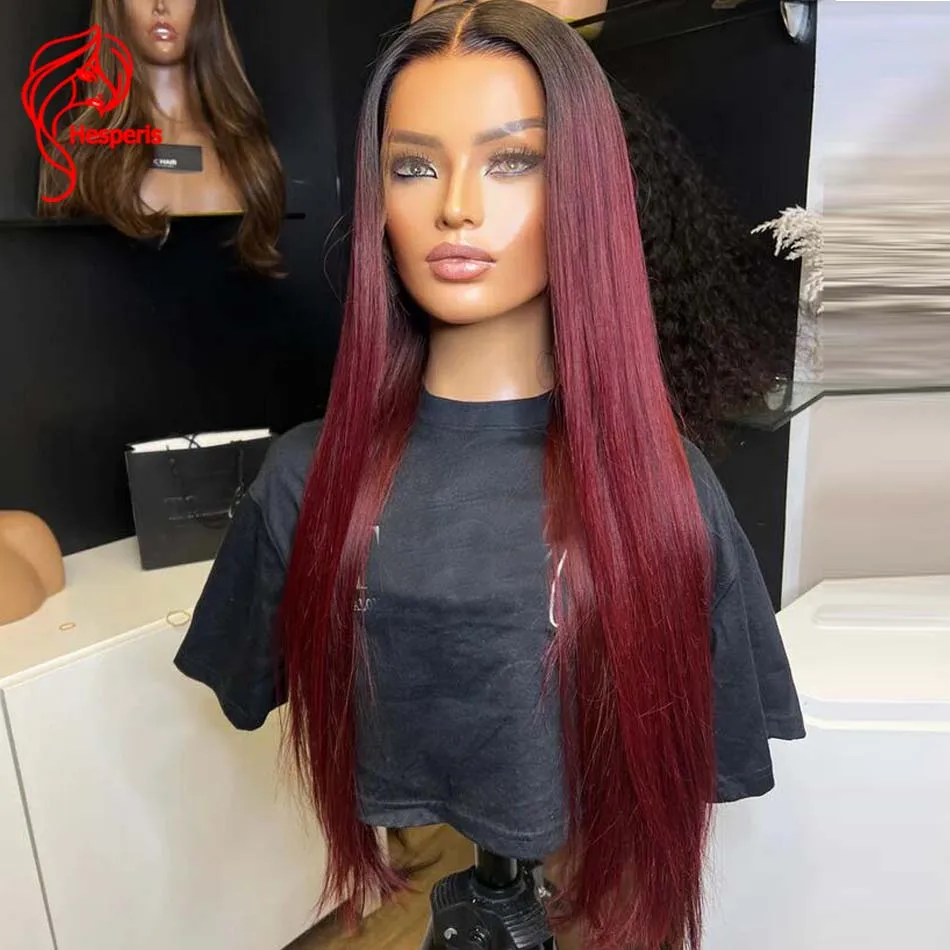 Hesperis 180 Density Silk Straight Ombre Human Hair Wigs Brazilian Remy Deep Part Lace Front Wig Dark Red For Black Women