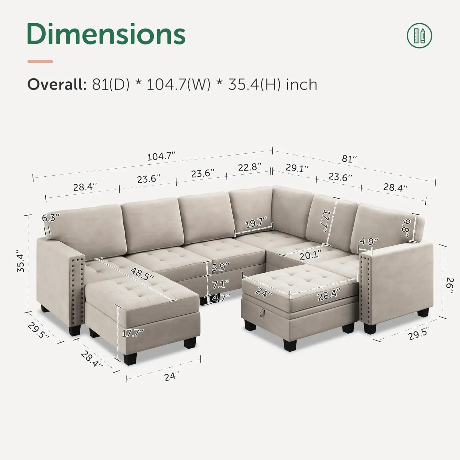 Velvet Modular Sectional Sofa L Shaped Sofa Couch with Storage Top Tray Ottoman U Shape Sectional Couch for Living Room Beige