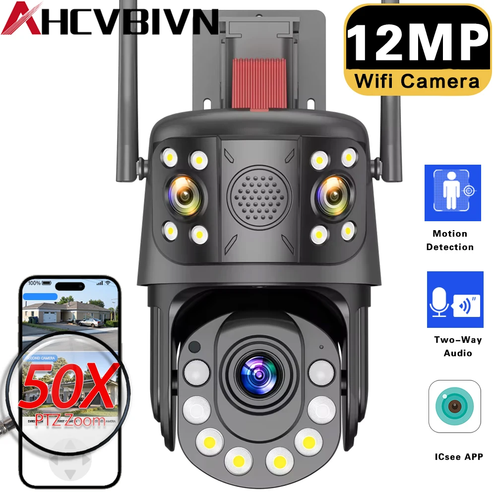 

ICSEE 12MP 50X Optical Zoom Surveillance Camera Three-Screen PTZ Outdoor 360° View Intelligent Wireless IP Surveillance Camera