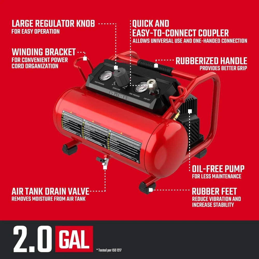 Air Compressor 2 Gallon Portable Hot Dog Compressor 1/3HP Max 125 PSI Oil-Free Maintenance Free Light Weight Air Tools