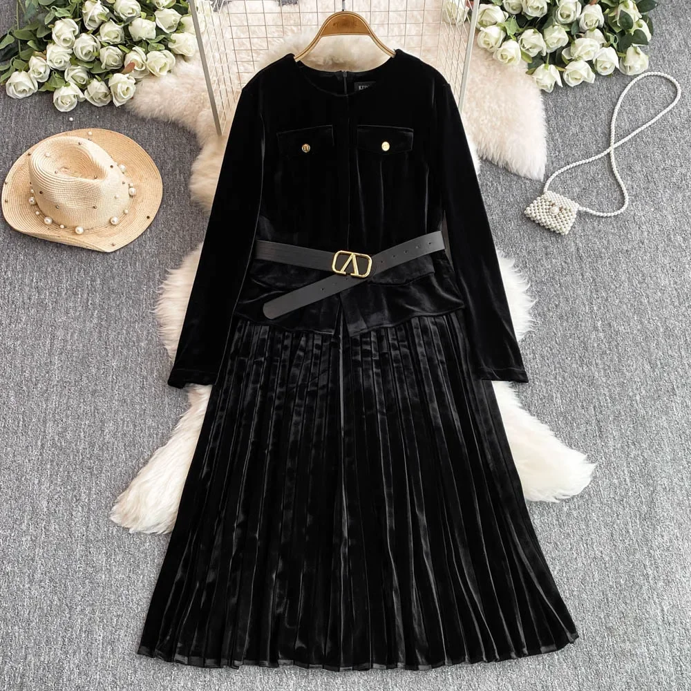 Elegant Long Sleeves Vintage O-neck Fashion Sashes Slim Pleated Dresses French Velvet Evening High Street Autumn Winter Clothing