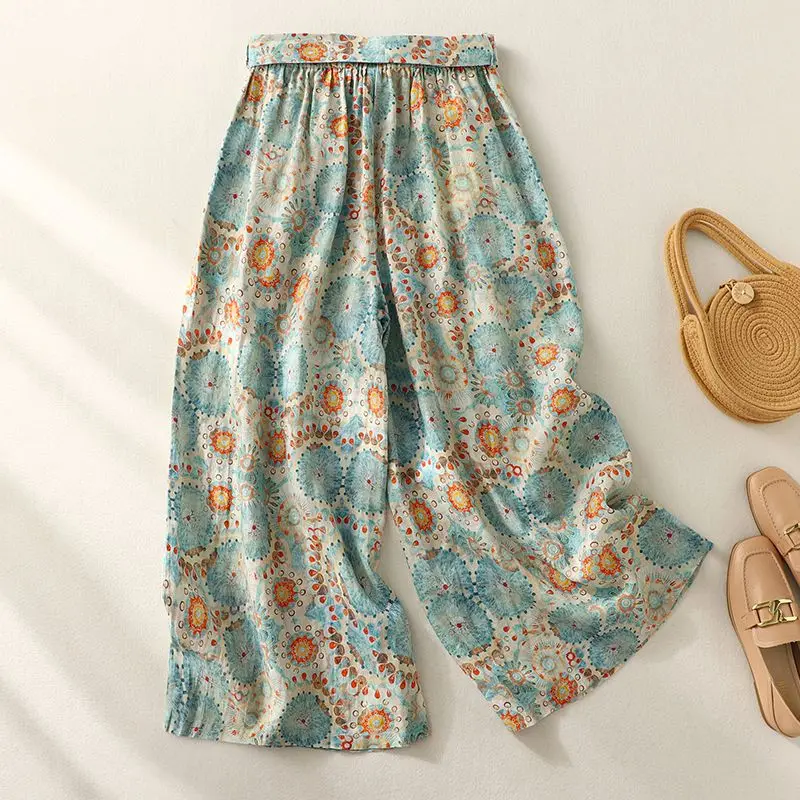 Retro Print Loose Linen Wide-leg Pants for Women in Summer Casual Cotton and Linen Skirt Pants
